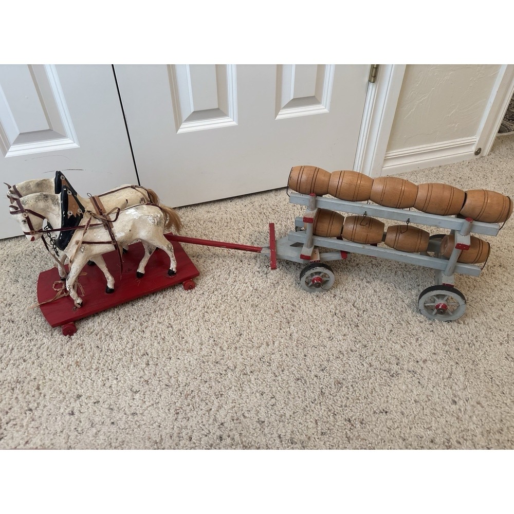 *RARE* Antique Horse, Wagon, and Barrels. Wood And Leather Folk Art